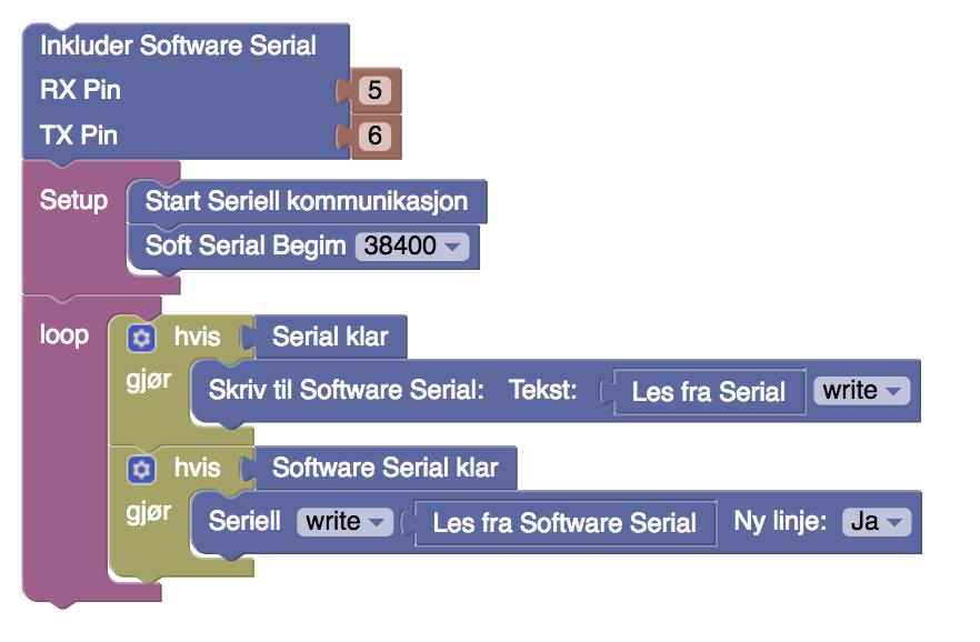 1.2.2. Laste opp en AT Kommando Sketch Det første vi skal gjøre er å laste opp en enkel Sketch som gjør følgende: Setter opp både Seriell-konsollet og Bluetooth modulen med en Baudrate på 9600