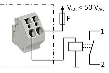 P30 Tilkoblinger og kabling 7.5.1 Tilkoblingsskjema Fig. 7-18: Tilkoblingsskjema X2 Sikkerhetslavspenning Vcc < 50 V AC F 0,5 A strømbegrensende innretning 7.5.2 Tilkoblingseksempel Utløserkontakt utgang kan brukes til å gjøre ladestasjonen strømløs med en overordnet utkobling.