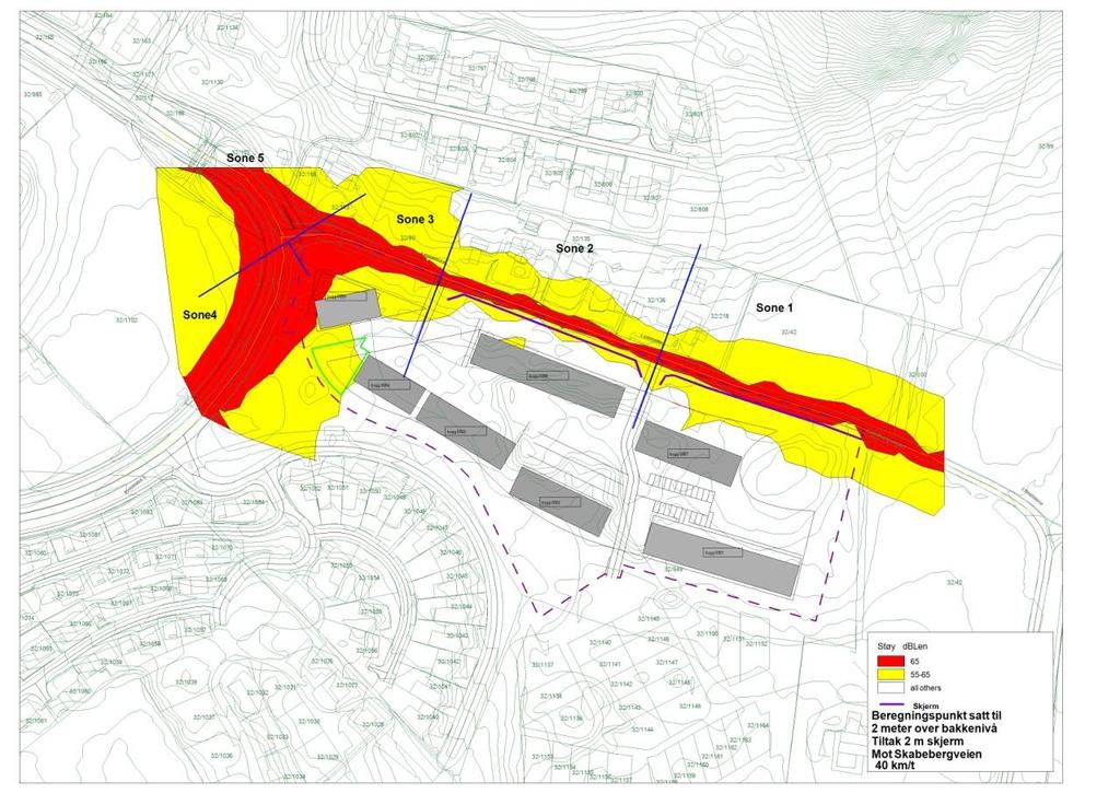 + Figur 9 Tiltak 2,5 m skjerm langs vegkant, bp(1) 4m meter over bakkenivå, sone 3 og