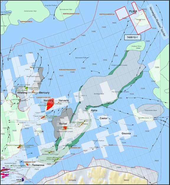 Figur 4.2 Kart over PL859. Brønnlokasjon 7335/3-1 Korpfjell Deep er planlagt ca. 9 km sør for brønn 7435/12-1. Tabell 4.