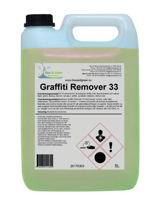 Graffiti Remover 33 Graffiti fjerner i gel for sugende underlag GR 33 blir brukt til å fjerne graffiti fra absorberende overflater slik som murstein, granitt, betong, marmor, terrazzo, skifer,