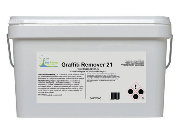 Graffiti Remover 21 Graffiti fjerner i gel for industri malte overflater GR 21 brukes for å fjerne graffiti for industri malte overflater som tog, metro, trikk, buss, metallfasader, skilt, etc.