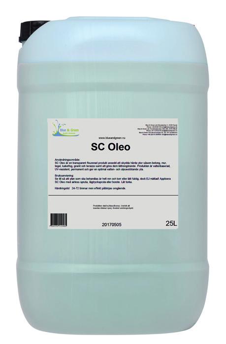SC Oleo Vannbasert impregneringsmiddel til fasader, tak og betonggulv SC Oleo er et vannbasert impregneringsmiddel som brukes for impregnering av porøse fasadeoverflater, tak og betonggulv der man