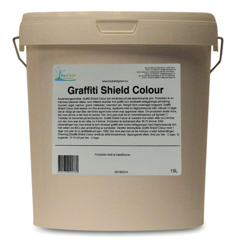 Graffiti Shield Color Voksbasert pigmentert graffitibeskyttelse Graffiti Shield Color er en pigmentert vannbasert voks emulsjon som kan brukes som en kombinert graffiti beskyttelse og tildekkings