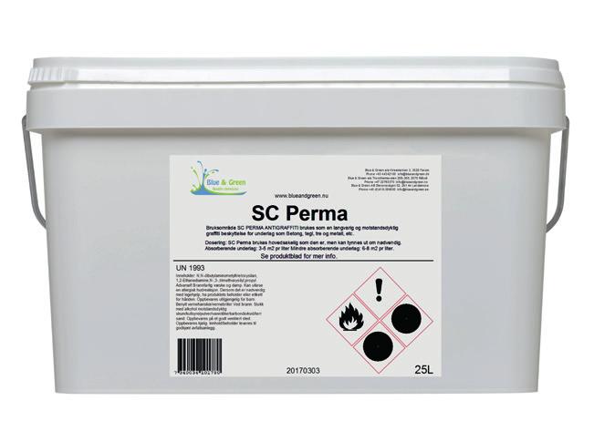 SC Perma Permanent graffitibeskyttelse 1K SC Perma er et 1K permanent graffitibeskyttelsesprodukt som kan brukes på betong, murstein, tre og metall.