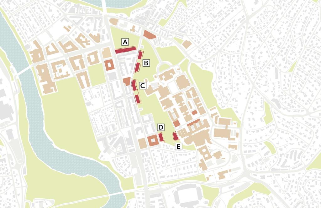KOHT Arkitekter AS Fysisk plan NTNUs Campusutvikling 2016-2030 10 Avbøtende tiltak - arealregnskap Anbefalt alternativ medfører inngrep i eksisterende parkområder.