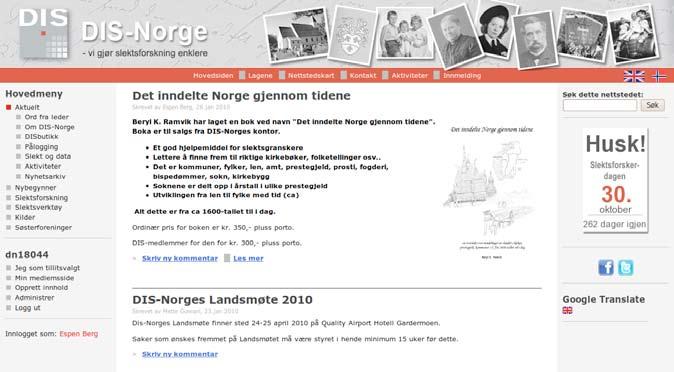 Figur 1: Forsiden på de nye nettsidene DIS-Norges nye ansikt mot verden av Espen Berg Det begynner å bli ganske lenge siden ryktene om nye nettsider for DIS-Norge begynte å rulle.