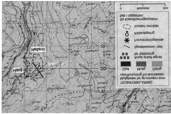 Fig. 3 Utsnitt av kartblad (M711) 1316 II Voss som viser det vurderte området på Helland-Haug. DALANE Vannbehovet på Dalane er 0.30 l/s. Berggrunnen består av fyllitt og amfibolittisk gneis.