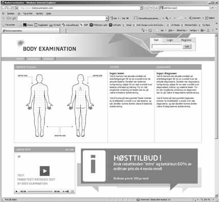 Verktøy i klinikken FAG verktøy med enorme muligheter Body Examinations nettside. På forsiden (t.v.) kan man angi aktuelle punktene på kroppen man ønsker opplysninger om.