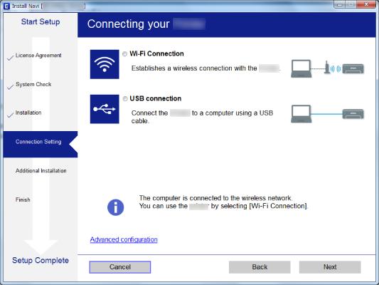 Nettverksinnstillinger Velg tilkoblingstype og klikk så Neste. Følg instruksjonene på skjermen.
