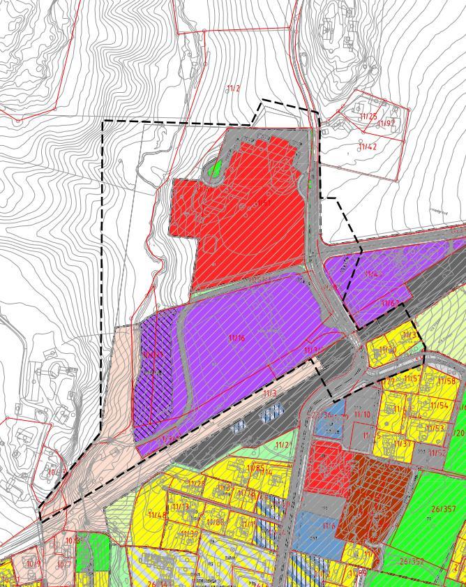 12 (19) Figur 6: Gjeldende reguleringsplaner. Skoleområdet er vist med rødfarge og avsatt til offentlig formål. I sør er området regulert til industri (tomten til NDI).