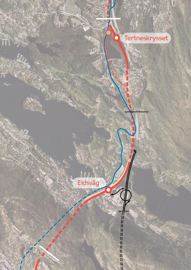 Delstrekning 3: Eidsvågtunnelen - Tertneskrysset Beskrivelse Bybanetraséen går i et av løpene i Eidsvågtunnelen og vil ta i bruk arealer som i dag er E39 i Eidsvåg, da disse arealene frigjøres når