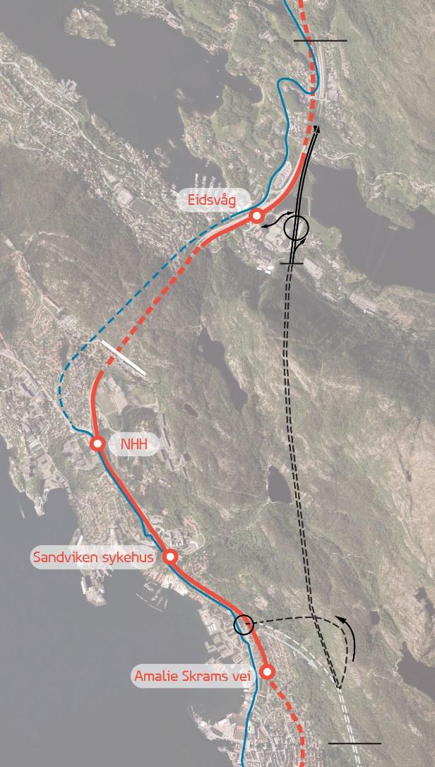 Fløyfjellstunnelen, forlengelse til Eidsvåg Beskrivelse For å frigjøre Åsaneveien til bybane, sykkel og lokalvei, forlenges E39 Fløyfjellstunnelen med cirka 2,5 km tunnel til Eidsvåg.