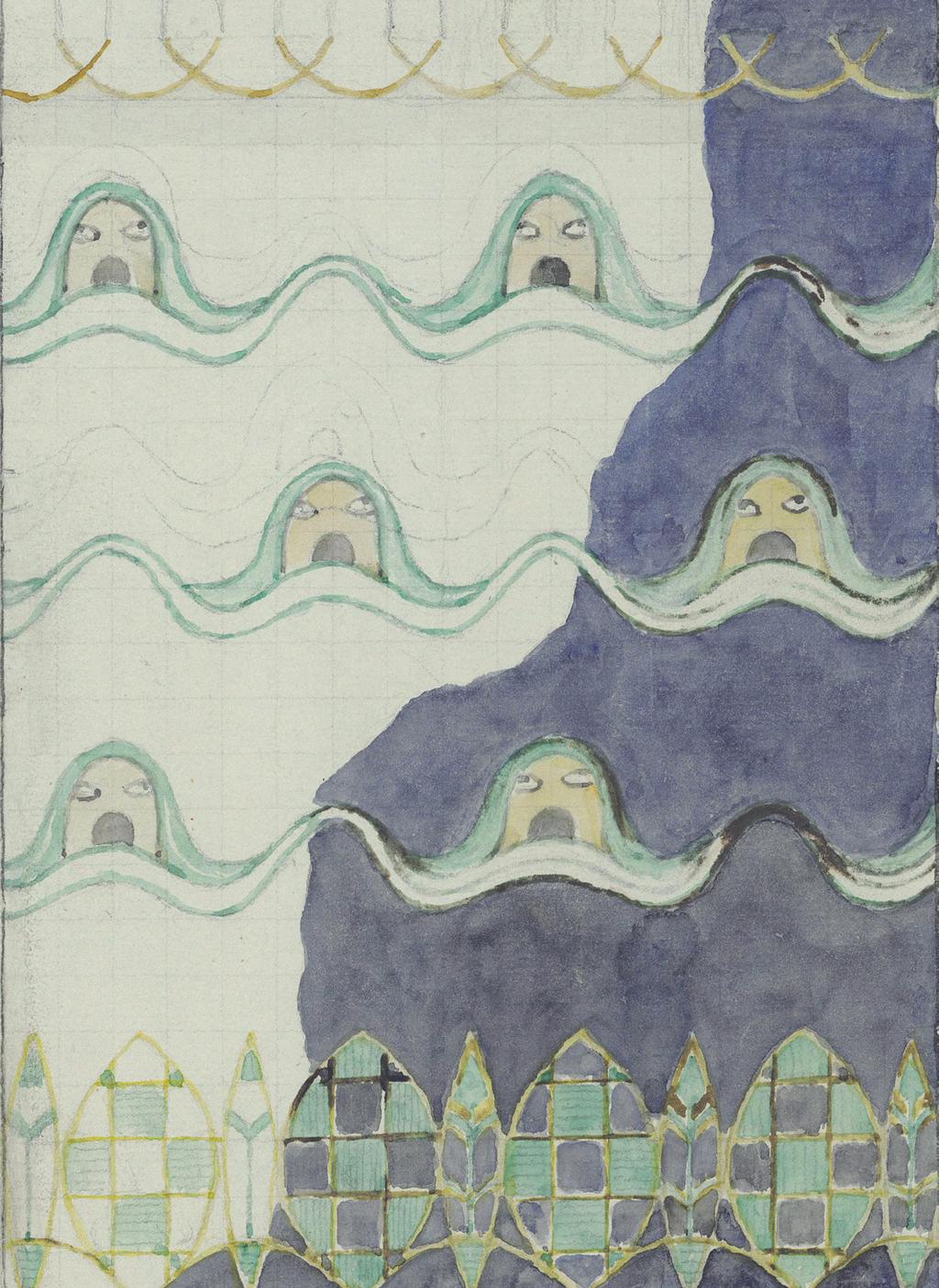 HÅKONSHALLEN Gerhard Munthe tegnet dette mønsteret til et forheng som skulle henge foran en dør i Håkonshallen. Han kalte det Svømmende havmenn. Hva kan ha tenkt på?