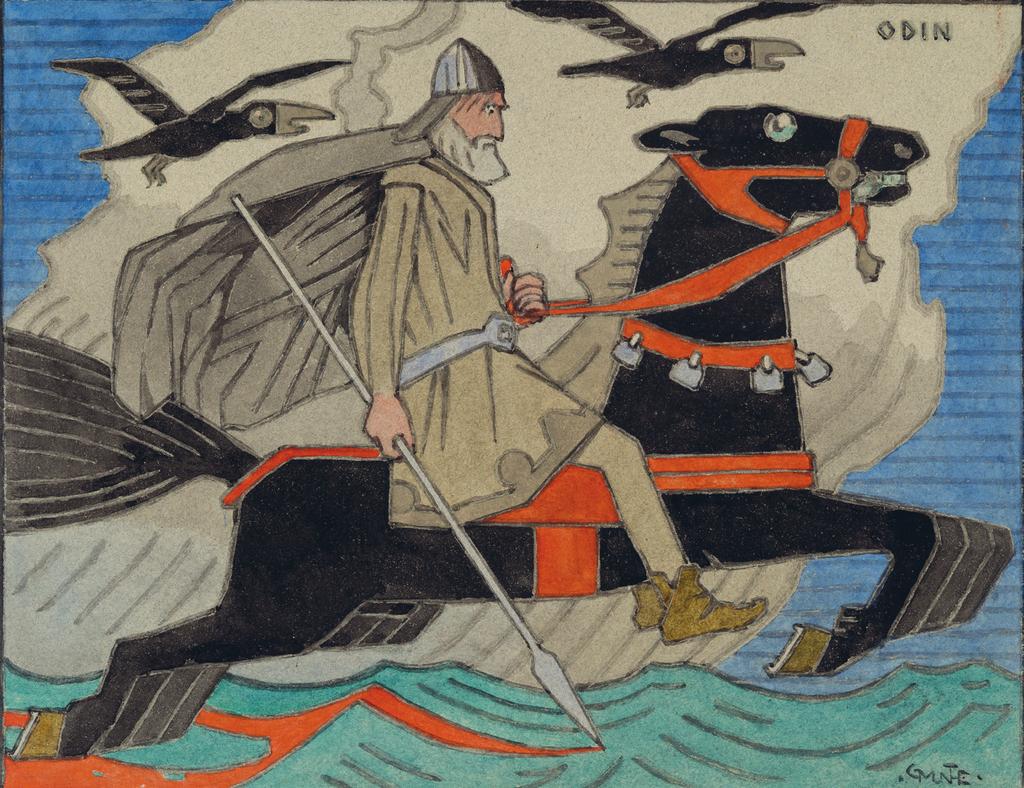 BOKKUNST Se på tegningen under som også er hentet fra Snorres kongesager. Her rir guden Odin på Sleipner. Ravnene Hugin og Munin følger med.