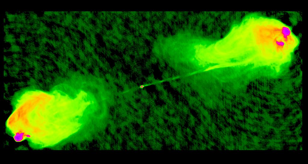 Cygnus A galaksekjerne med plasma-jet Radio 6,3 cm VLA Intensitet: Lilla = 100 000x grønn DRAGN: