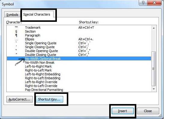 در پنجره جديدي كه باز ميشود بر روي زبانهي Special Characters كليك ميكنيم و گزينهي No-Width Optional Break را انتخاب ميكنيم و كليد Shortcut Key را ميزنيم.