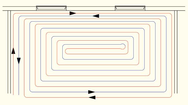 Figur 3 viser systemløsning med vendt retur. Systemet er ment å gi en jevn overfl atetemperatur over hele gulvet.