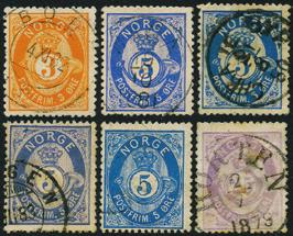 Skravert posth. Best.nr.: 3992 6 forskjellige skravert posthornmerker, alle med småfeil.