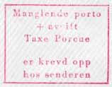 1990 IWR Stempel nr. P 03 Tekst: Manglende porto Farger: Blå + avgift Størrelse: 36,5 x 29 mm Taxe Percue Stempel nr.