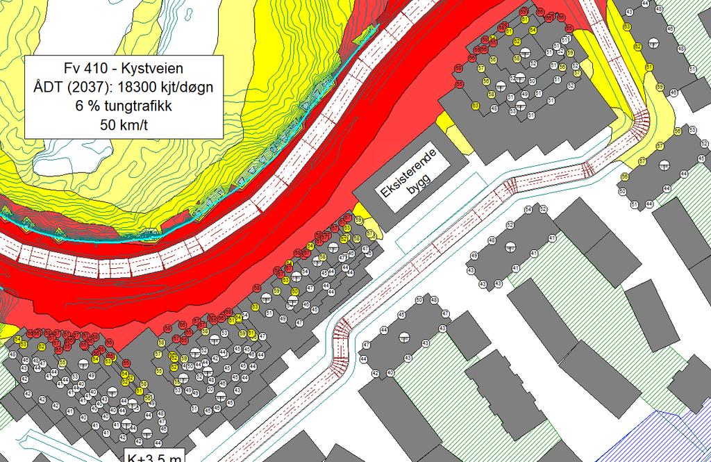 Figur 7 - Fasadeberegninger for revisjon 1 - uten veitrafikk på intern vei, støykart beregnet i 4 m høyde.