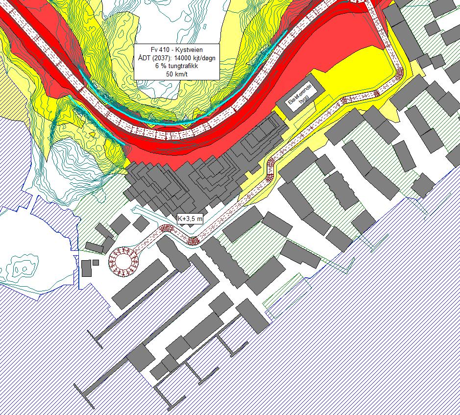 4.1.2 Trinnvis utbygging langs vei/sjø Den støymessige beste løsningen, vil være å først etablere bygningsmasse langs Kystveien som vil støyskjerme arealer langs sjøen.