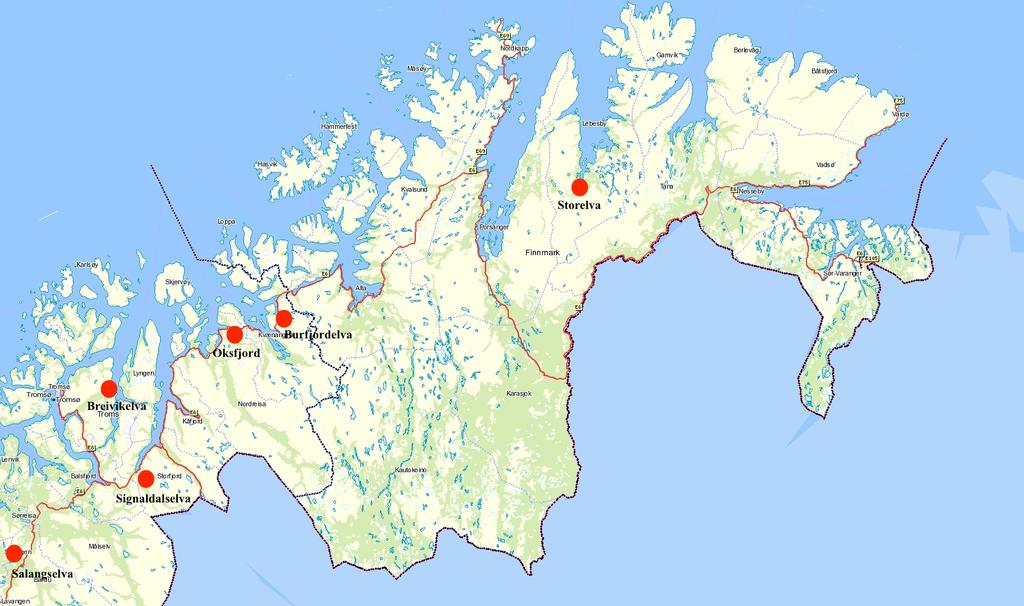 Figur 1. Oversikt over vassdrag der Naturtjenester i Nord har gjennomført tiltak i regi av OURO 2017. Skille ut oppdrettslaksen Under drivtellingene registrerer vi den fisken vi faktisk ser.