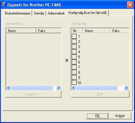 Brother PC-FAKS programvare (kun MFC-9120CN og MFC-9320CW) Oppsett for hurtigvalg 5 I dialogboksen Oppsett for Brother PC-FAKS klikker du kategorien Hurtigvalg.