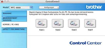 ControlCenter2 KOPIERE / PC-FAKS (PC-FAKS er bare på MFC-9120CN og MFC-9320CW) 9 KOPIERE Lar deg bruke Macintosh-maskinen og ønsket skriverdriver for å få avanserte kopifunksjoner.
