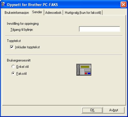 Brother PC-FAKS programvare (kun MFC-9120CN og MFC-9320CW) Oppsett for sending 5 I dialogboksen Oppsett for Brother PC-FAKS klikker du kategorien Sender for å vise skjermbildet nedenfor.