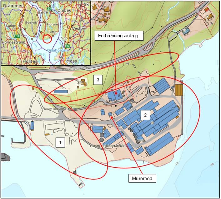 Figur 1 Oversiktskart over tidligere Hurum fabrikker på Tofte.