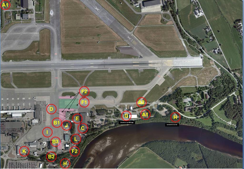 Figur 1. Oversiktskart Troheim lufthavn, Værnes med forklaring: A. Driftsområde Flytank AS: i. tankanlegg JetA1, ii. tankanlegg Avgass 100LL B. Tankanlegg drivstoff kjøretøy: i. Avinor, ii.