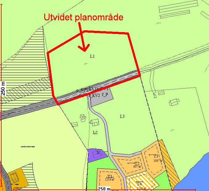 på nordsiden av Årøyveien, dette for å inkludere hele eiendom gnr 45 bnr 52 i detaljplanen.