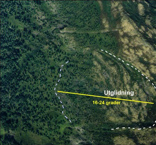 Nordvest for Hovdungvarden er det et stort utglidningsfenomen som omfatter både morene og fjell (Fig. 4A og 13).