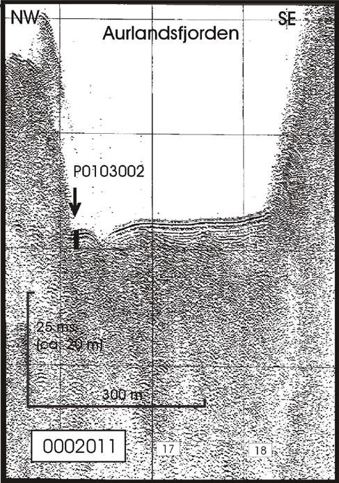 Fig. 15B. Seismisk profil i Aurlandsfjorden utenfor Dorganeset, se profil B i Fig. 14.