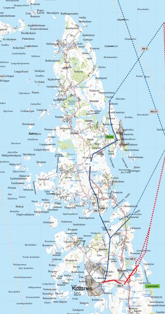 ØYGARDEN Alternativ 1 beskriver luftledning over Øygarden, fra Kollsnes til Ljøsøyna Luftspennet føres fra Kollsnes over Osundet parallelt med de tre andre linjene som går der i dag, og følger disse