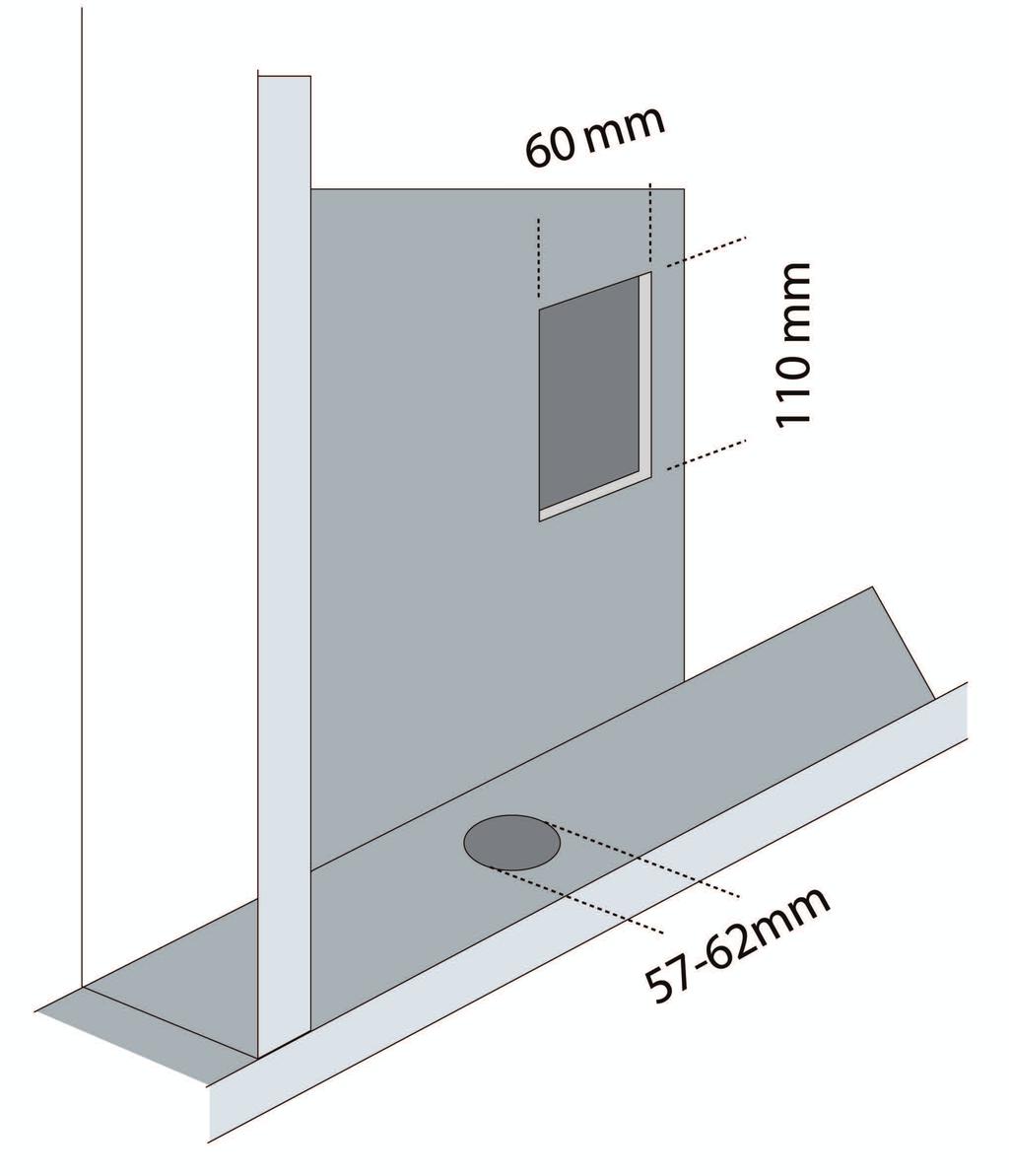 Lag en rektangulær utsparing i veggplaten som vist på figuren til venstre. Utsparingens anbefalte mål er 60 x 0mm. Dersom røret forlegges fra etasjen under f.