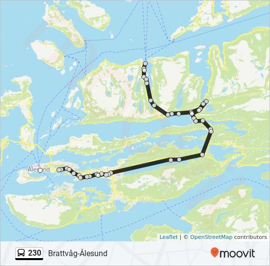 Retning: Brattvåg Via Vatne 41 stopp VIS LINJERUTETABELL Ålesund Rutebilstasjon Keiser Wilhelms gate 9A, Ålesund Nørvegata Vest Nørvegata 30C, Ålesund Kolvikbakken Nørvegata 54, Ålesund 230 buss