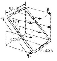4. Ei rektangulær strømsløyfe (. m. m) fører en strøm på 5. A i retning mot klokka. Sløyfa er orientert som vist i figuren i et uniformt magnetisk felt på B =.5 T.