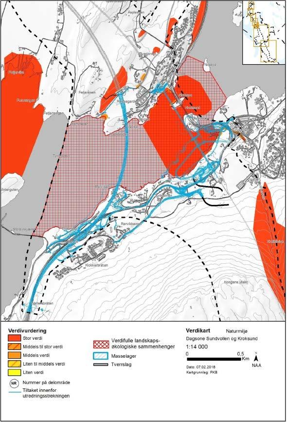 (Kilde: KU naturmangfold s61, figur 3-15) Figur 5: Verdikart hvor stor og middels naturverdi er angitt med