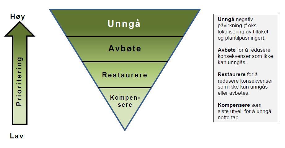 Tiltakshierarkiet tilsier at man først skal unngå (høyest prioritet), deretter avbøte, så restaurere og eventuelt, og som siste utvei, kompensere (lavest prioritet) (modifisert etter Meld. St.