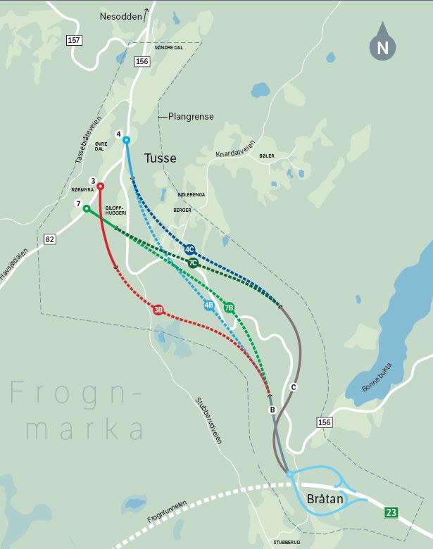 Figur 16 - Alternative traseer for fv. 156 Bråtan - Tusse Målet med ny vei er å øke trafikksikkerheten, samt en mer forutsigbar trafikkavvikling. Ny vei vil også gi en standardheving og opptil 10 min.