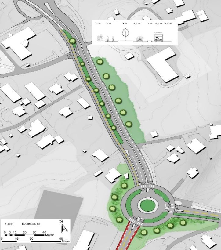 Figur 17 Skisse for nytt kryss Bleikerveien x Røykenveien med sykkelvei + fortau videre i retning Asker sentrum. 3.4.