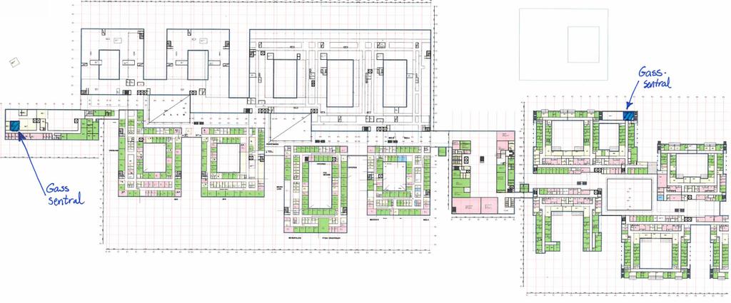 Dette betyr at gass-sentral må plasseres på plan 1 både på østsiden og vestsiden. Skissene nedenfor viser planlagt lokalisering for kompressorsentraler og gass-sentraler.