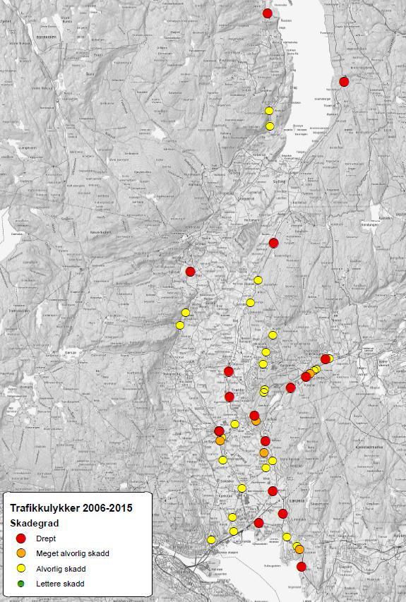 LIER kommune 2006 2015 6 av 13 Figur 5 Ulykkeskart ulykker med drepte og hardt skadde 2006 2015 De mest alvorlige ulykkene er spredt rundt i kommunen.