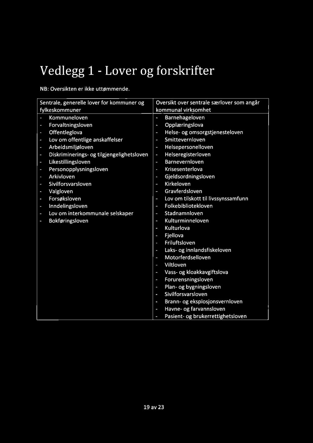 Vedlegg 1 - Lover og forskrifter NB: Oversikten er ikke uttømmende.