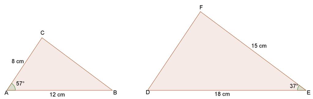 Oppgave 5 Trekant ABC og trekant DEF er formlike. A 57 og E 37. a) Finn de ukjente vinklene i trekantene. Ettersom de to trekantene er formlike, er vinkel A lik vinkel D, og vinkel B er lik vinkel E.