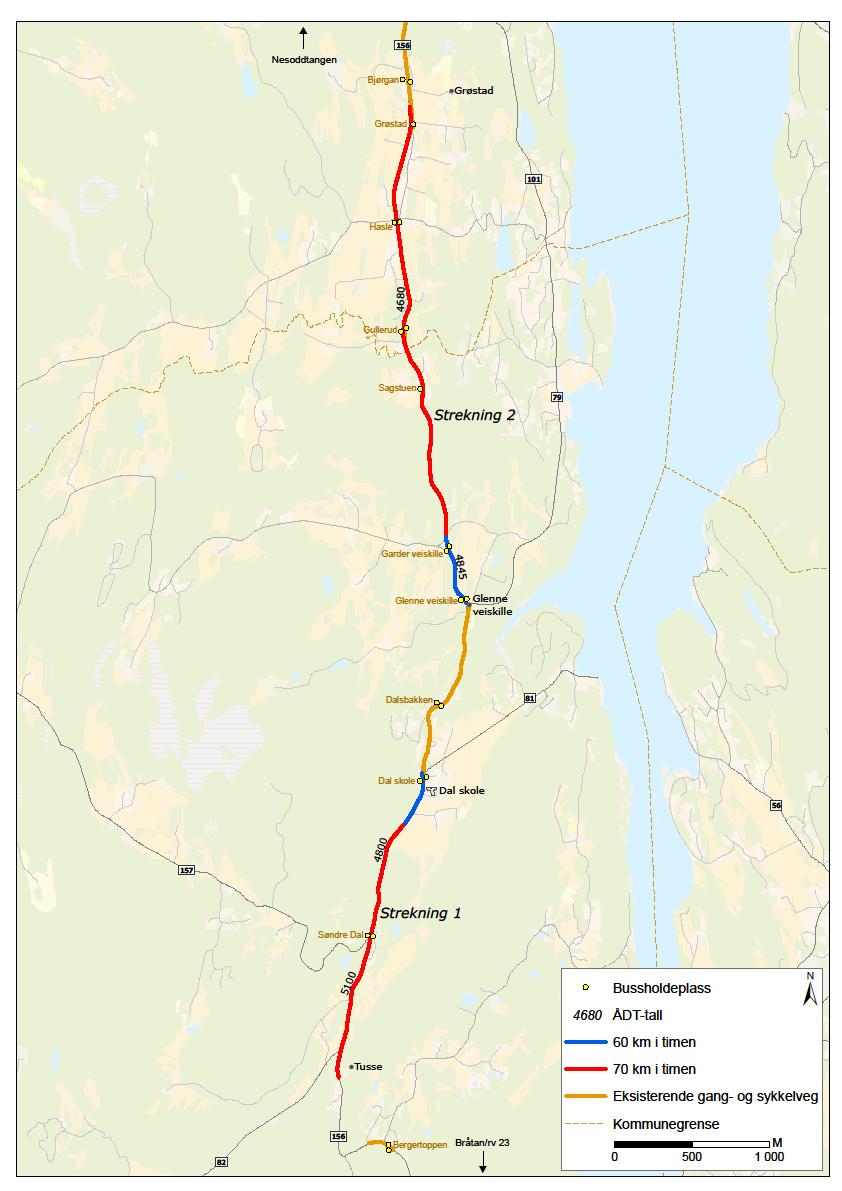 Figur 2: Planområde forprosjekt gang- og sykkelveg Tusse-Grøstad, ÅDT tall fra 2016 Gang- og sykkelvegstrekningen