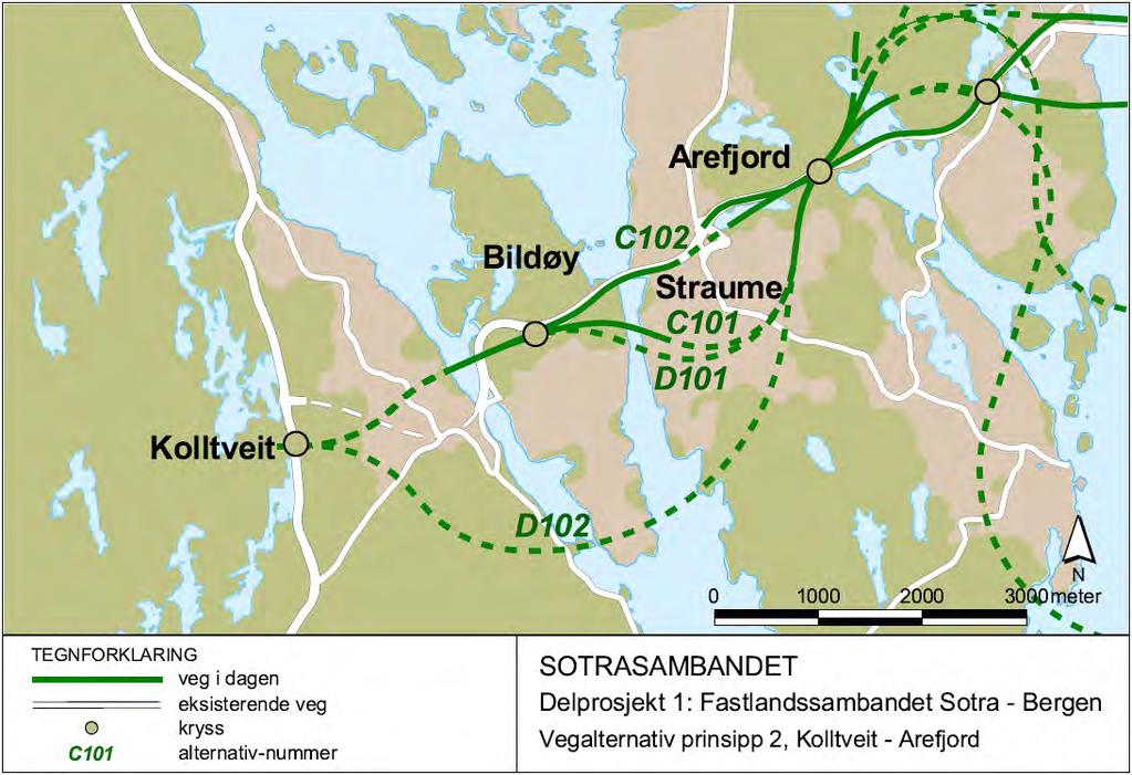 Alternativ A2 er som alternativ A1 på strekninga Kolltveit - Straume - Storavatnet, men skil seg vesentleg ut frå A1 med ny 2-felts bru, med separat g/s-veg like nord for dagens bru.