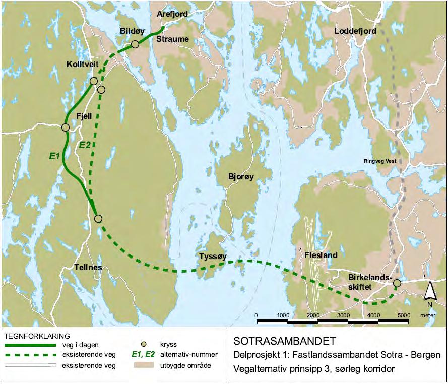 1.4.4 Prinsipp 3: Nytt vegsamband i ein sørleg korridor Sotra Bergen sør (Ytrebygda) Dette prinsippet skil seg frå prinsipp 2 ved at det vert etablert ein heilt ny transportkorridor mot Bergen i ein